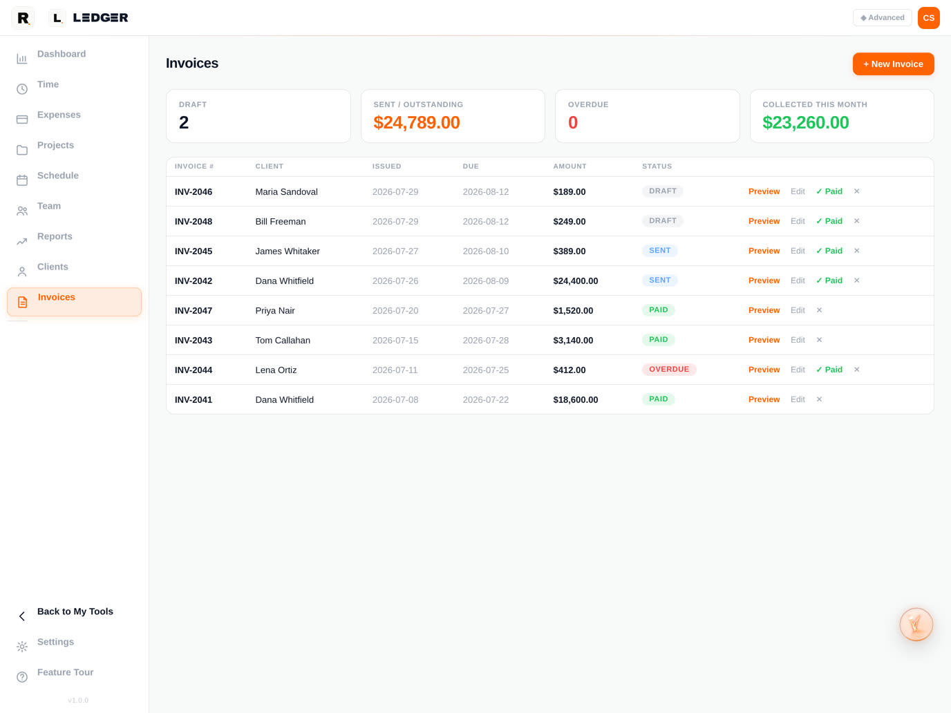 Ledger on an iPad Pro — draft, sent and paid invoices in one list