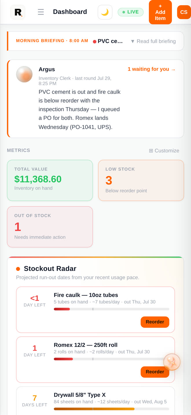 Inventory on an iPhone — the stockout radar and your AI clerk's overnight round