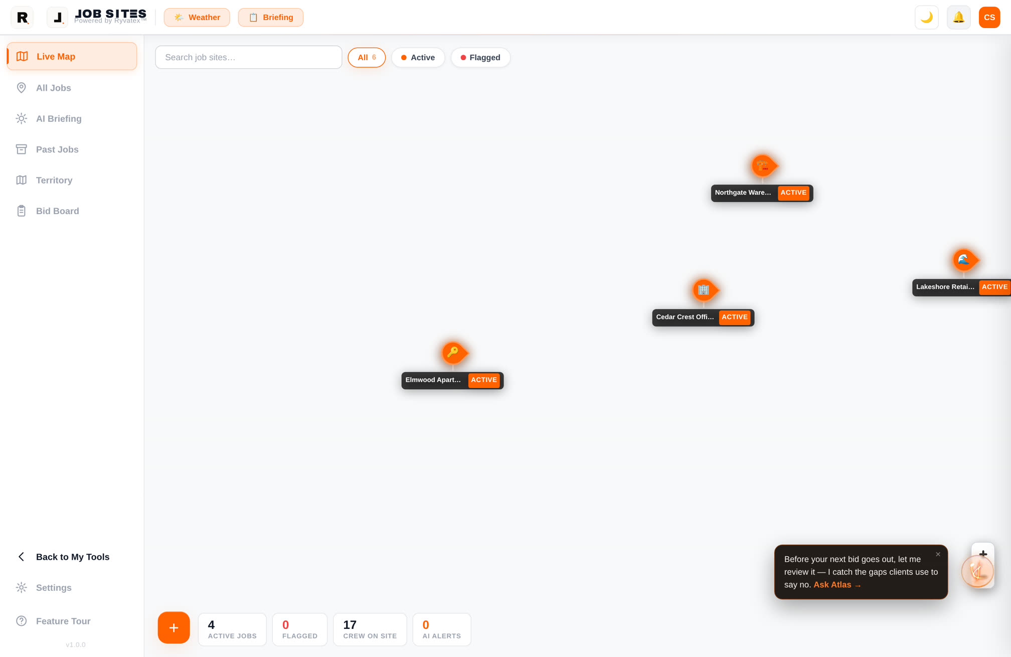 Job Sites running — every active site on one live map